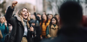 Woman holding a microphone and cheering at a rally